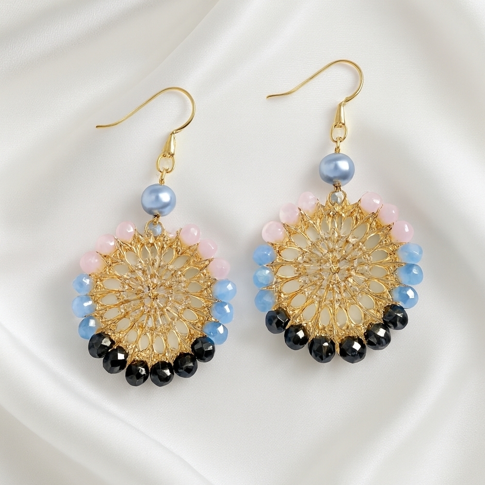Statement Filigree Circle Drop Earrings – Gold w/ Colorful Beads Fashion Jewelry